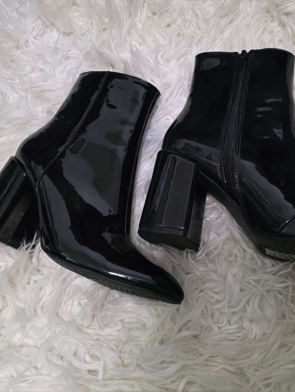 New Women's Black Patent Block Heel Ankle Boots
